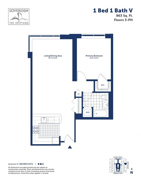 Floor plan for 1 bed, 1 bath, 863 sqft
